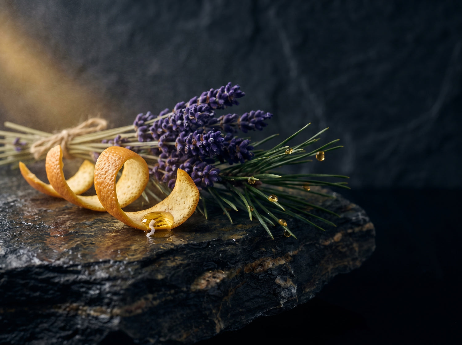 Botanische Essenzen für scenze sticks — Lavendel, Zitruszesten und Kiefernnadeln auf dunklem Stein als natürliche Inhaltsstoffe